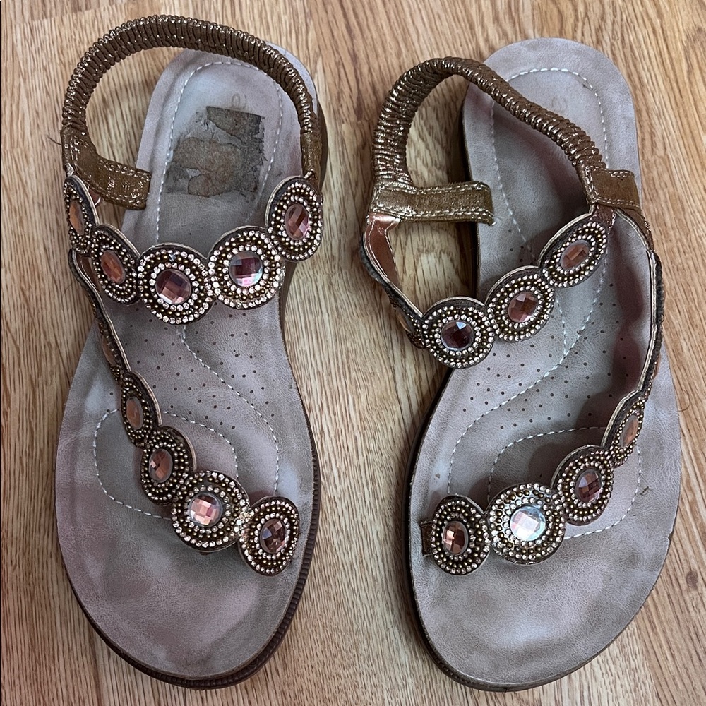 Women’s Metallic Gold Beaded T-Strap Sandals